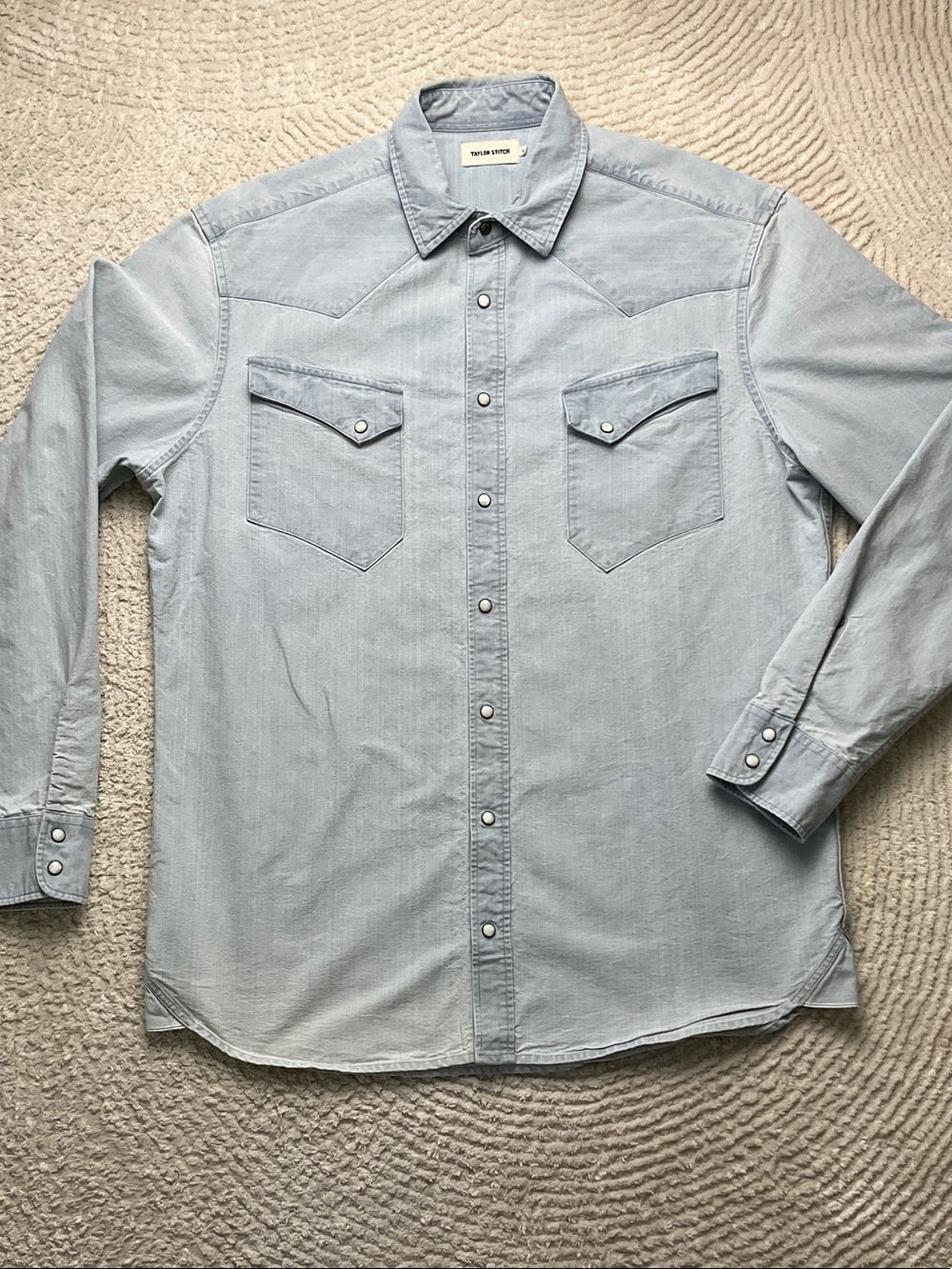 Taylor Stitch Light Blue Denim Western Snap Shirt Pearl Snap Buttons Size 44/XL